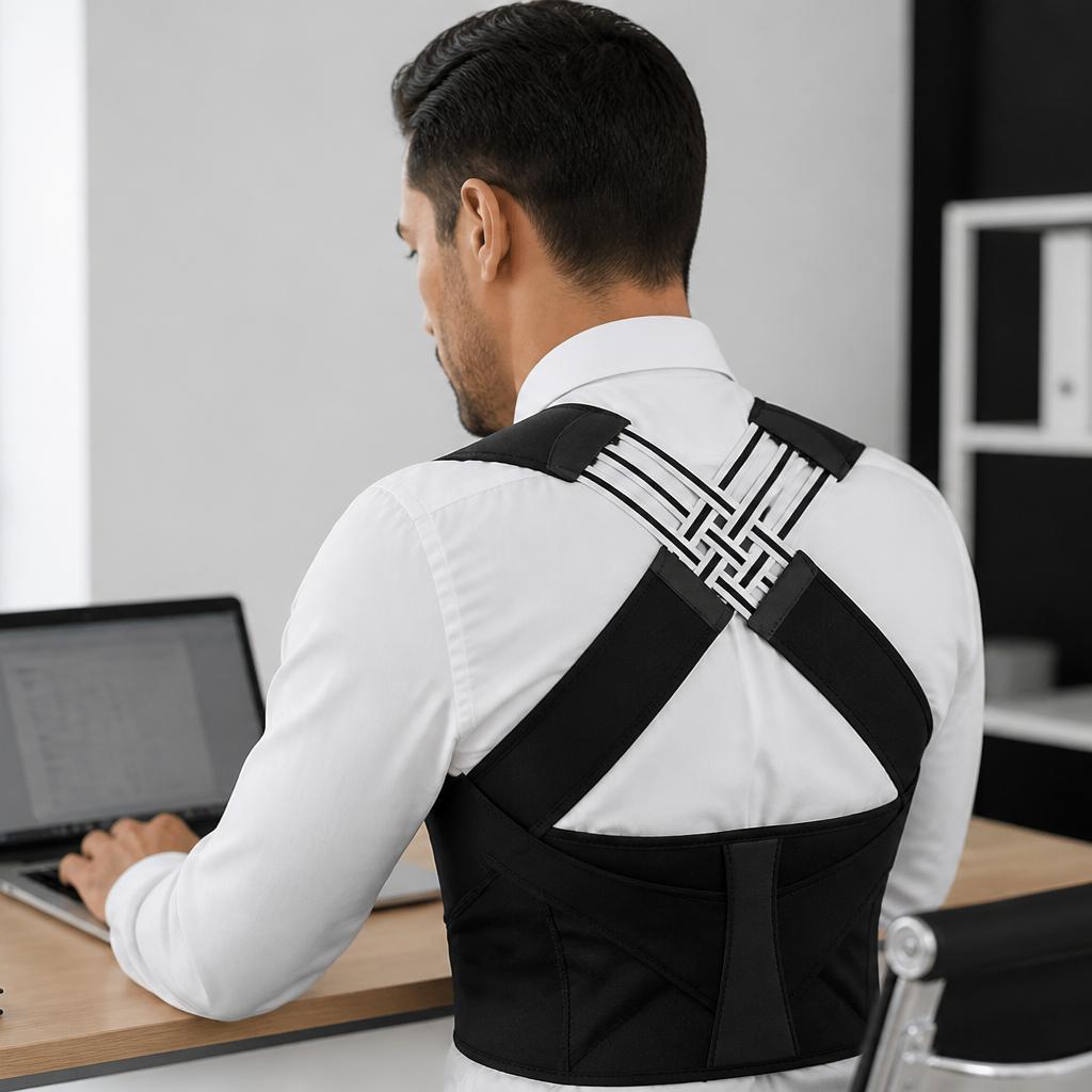 Office worker wearing posture corrector — back view at desk
