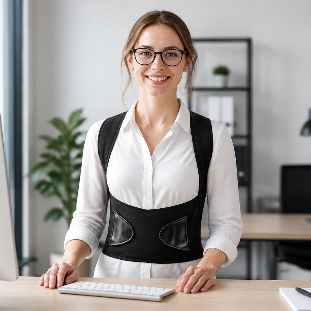 Office worker wearing posture corrector — front view