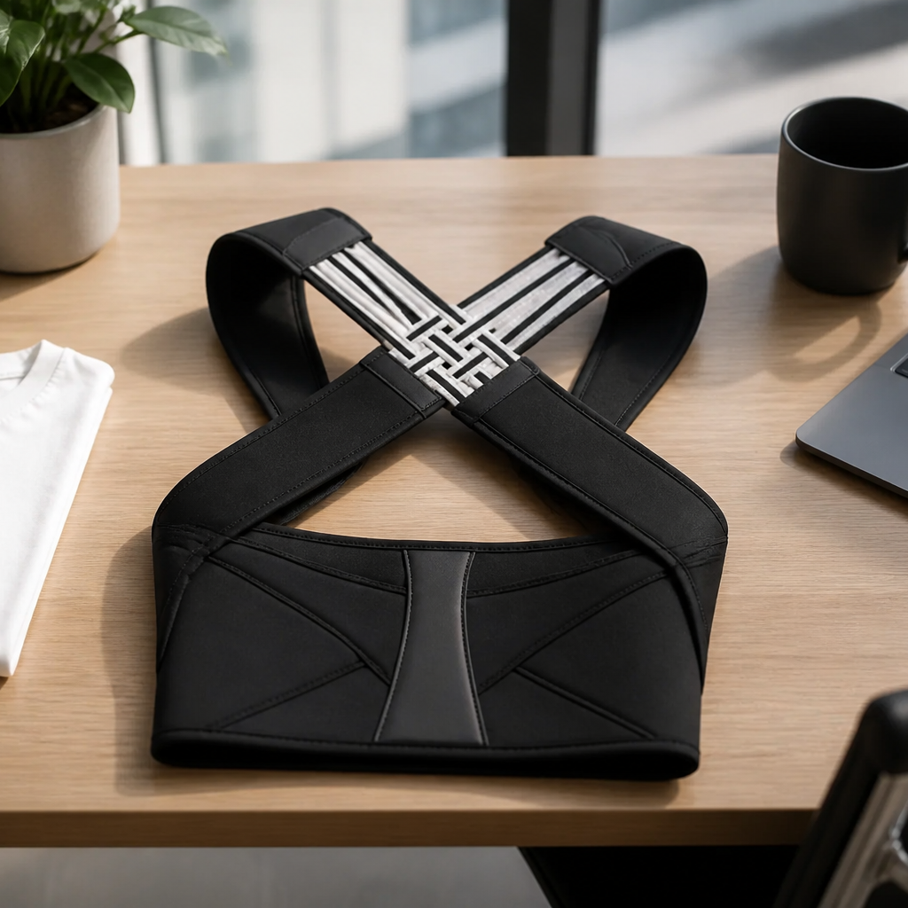 Posture corrector on office desk next to laptop